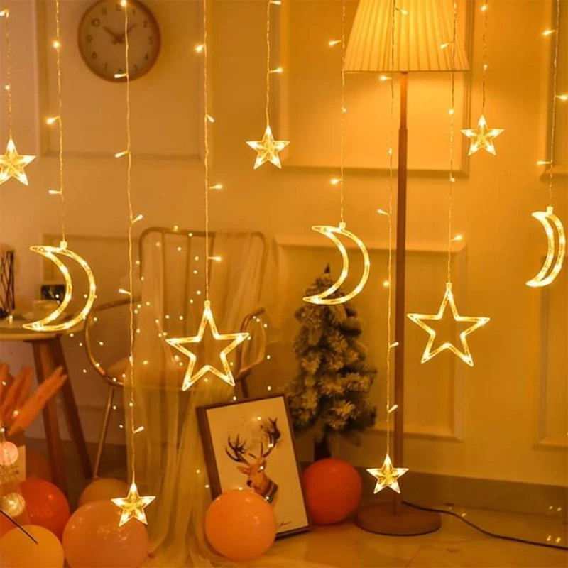 Star and moon curtain lights glowing for home décor and celebrations