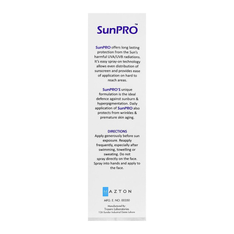 Mazton SunPro Sun Screen Lotion Spray Spf50+, PA+++, Water Resistant, 100ml