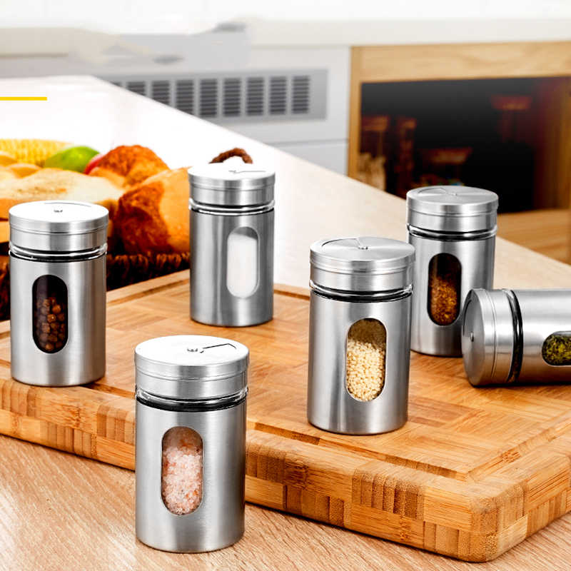 Stainless Steel Glass Spice Condiment Jar 6pcs