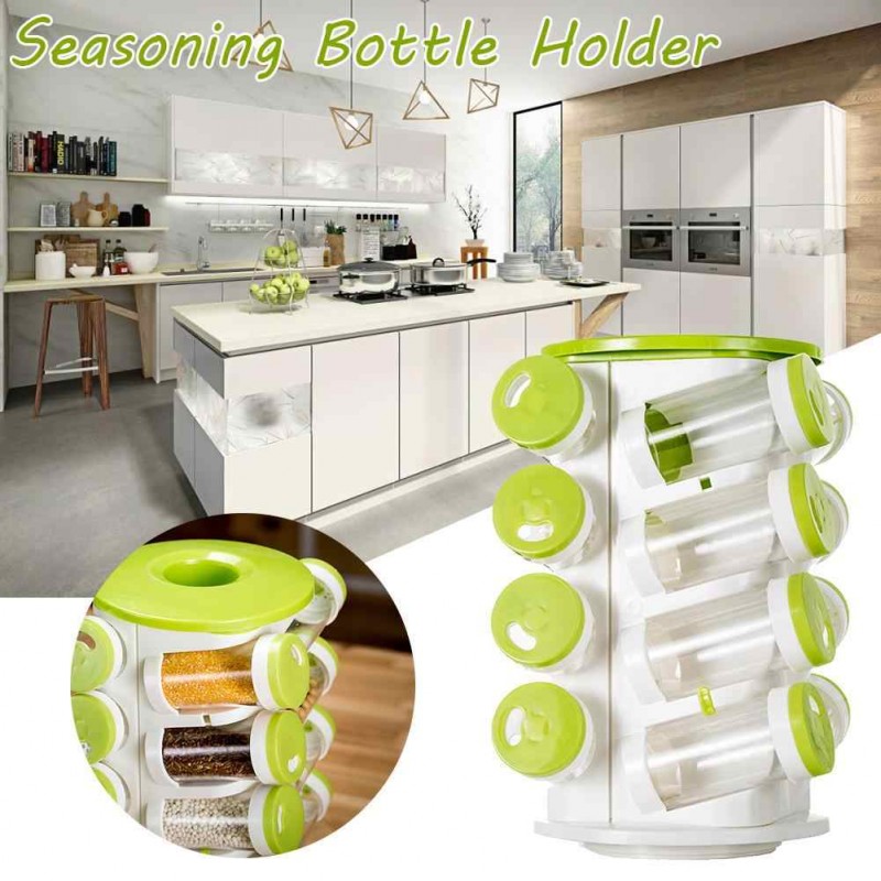 16 In 1 Spice Rack With Cutlery Holder Compact Rotating Revolving