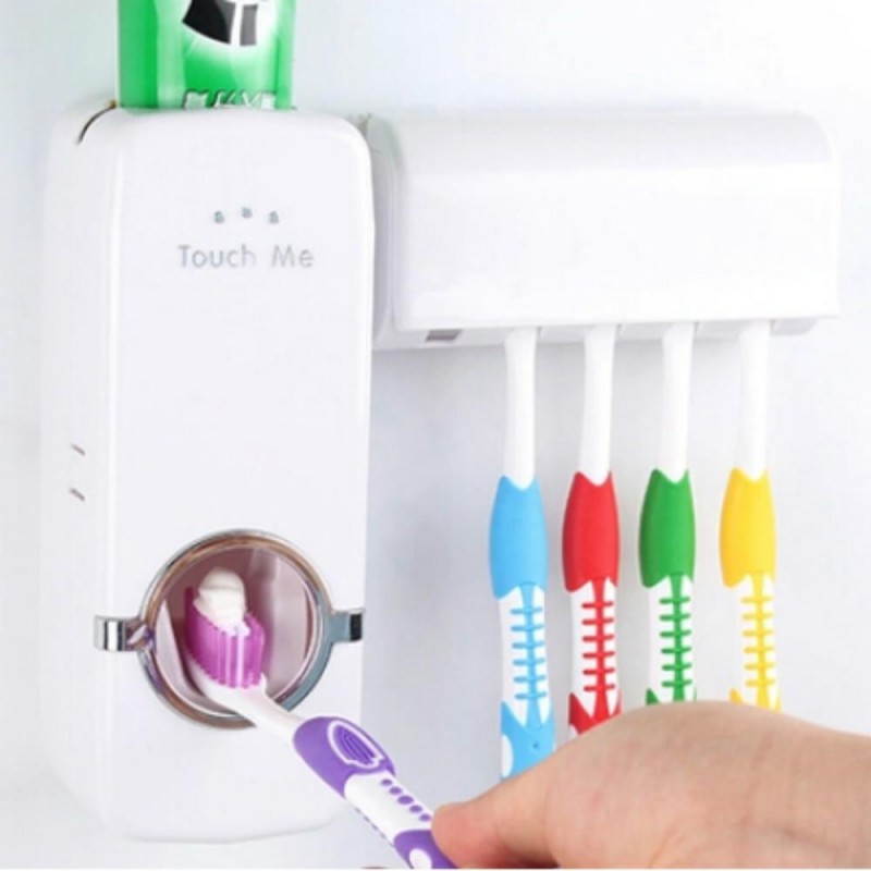 Touch Me Press Toothpaste Dispenser With Toothbrush Holder