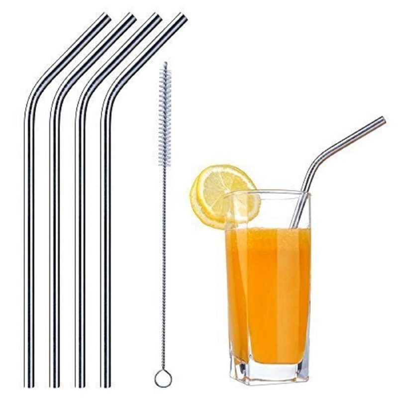 Reusable Stainless Steel Metal Straws Pack of 04 Bent with Brush