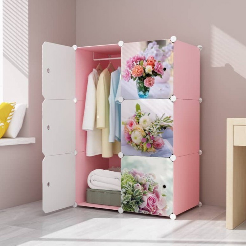 Flower Roses Pink 6 cube DIY Multipurpose Portable Wardrobe Cabinet Clothes Storage Organizer Almari