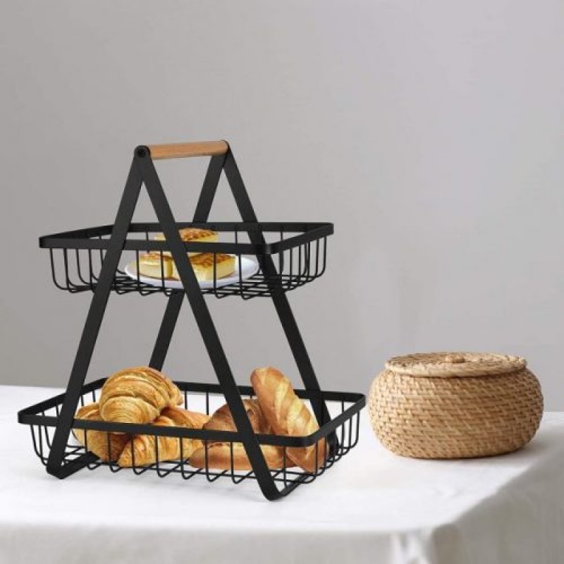 2-Tier Countertop Vegetable Fruit Basket Fruit Bowl Bread Basket Vegetable Holder for Kitchen Storage Black