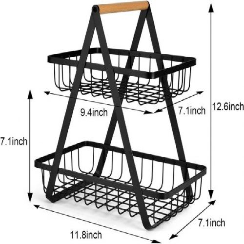 2-Tier Countertop Vegetable Fruit Basket Fruit Bowl Bread Basket Vegetable Holder for Kitchen Storage Black