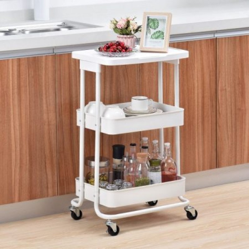 Kitchen Storage Trolley 3-Tier Metal Table Top Serving Rolling Cart