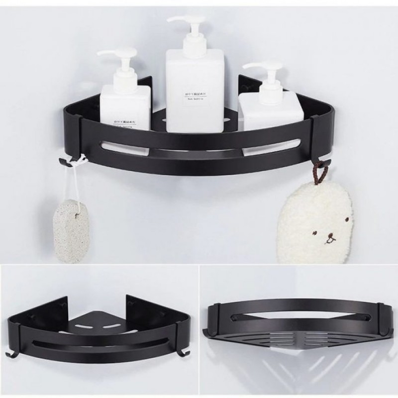 Aluminum Bathroom Shelf Cosmetic Rack In Wall Corner Tub Basket With Hook Storage Bathroom Shelf Black