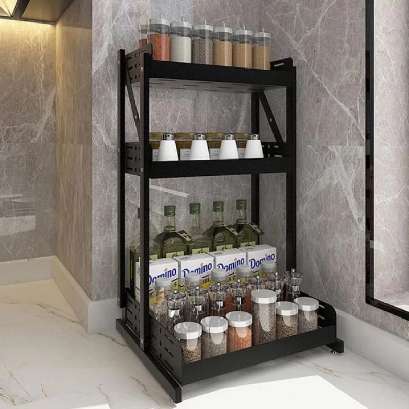 Kitchen Rack Folding Countertop, Kitchen Storage Organizer Stainless Steel Corner Shelf Holder with Hooks for Seasoning Spice Jars Bottles