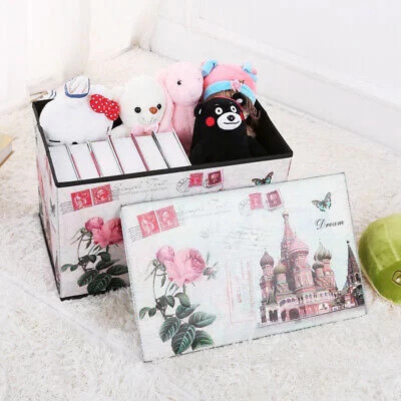 New Collapsible Storage Container Organizer Box Stool with Lid, Waterproof Print Design for Home Bedroom Clothes Toys