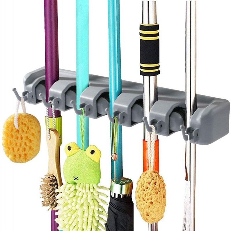 Broom and Mop Holder Wall Mount and Garden Tool Organizer, 5 Slot 6 Hooks Wall Mounted Organizers with 2 No Drilling Mop Storage Holder