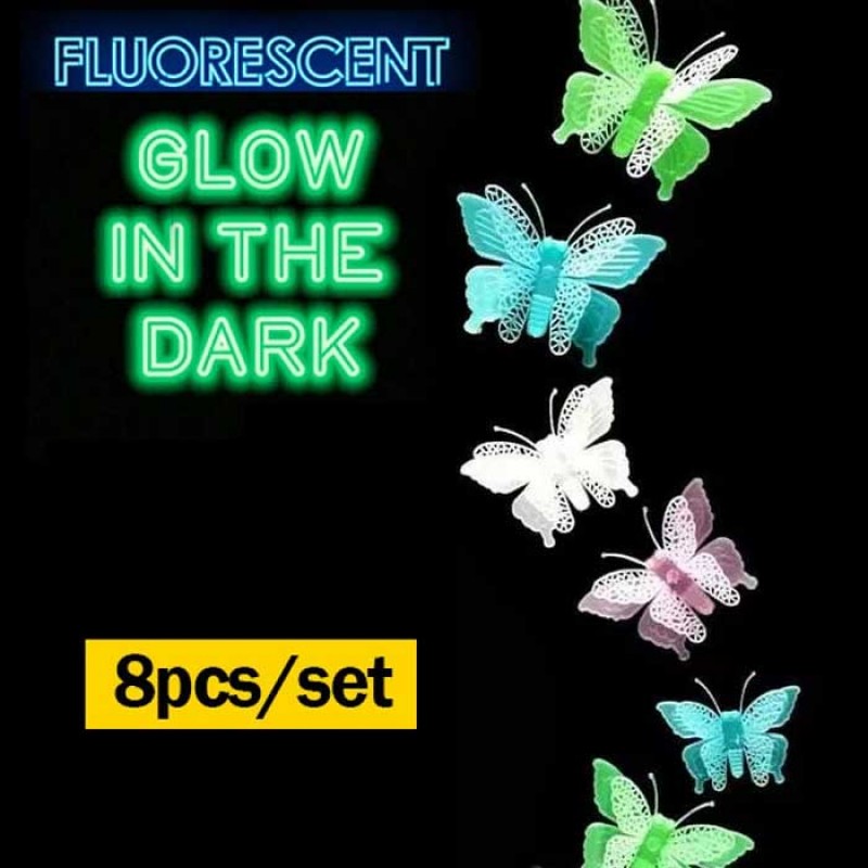 Set of 8 Fluorescent Luminous 3D Butterfly