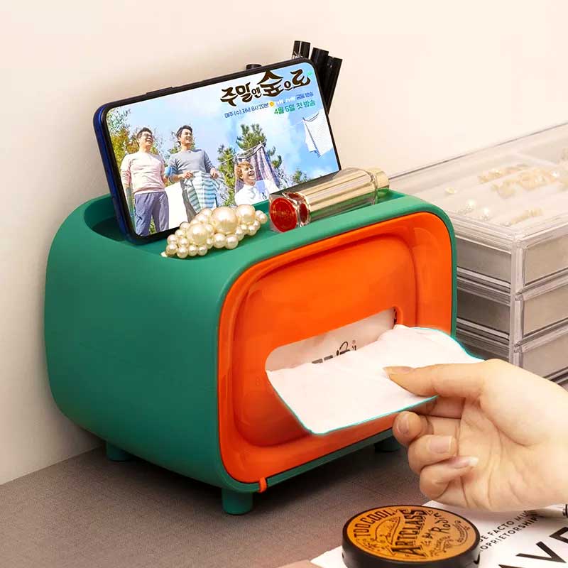 Tissue Box With Cosmetics Storage Case and Mobile Holder
