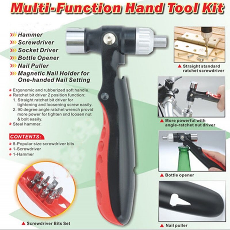 Multi-Function Emergency Tool Kit, Ratchet Screwdriver, Nail Opener Head, Functional Safety Hammer