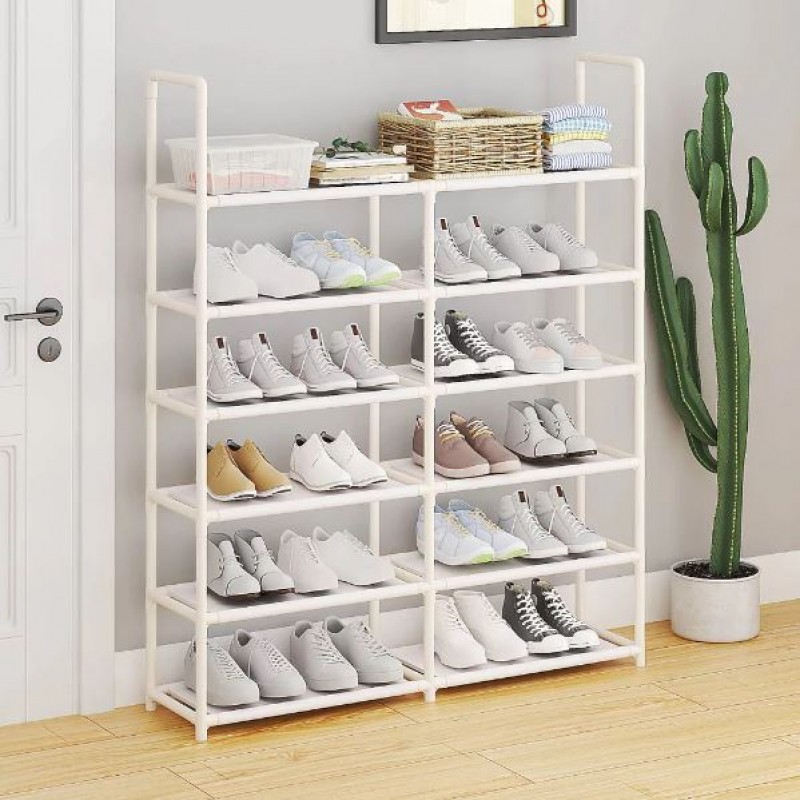 Simple Style Iron Plastic Storage Rack, Multilayer Home Space Saving Shoe Organizer Stand Holder (White)