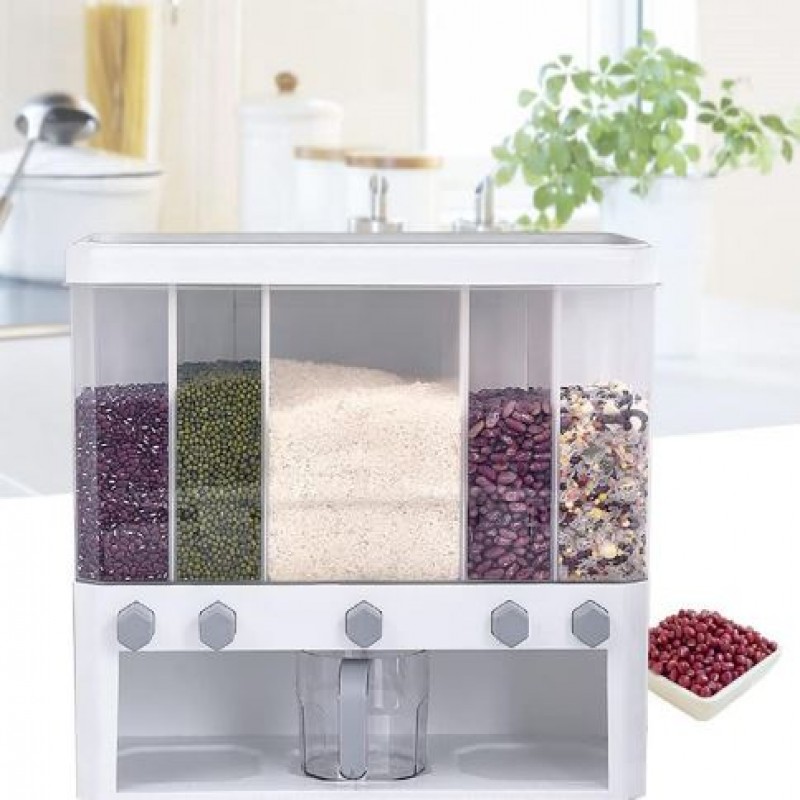 Kitchen Five Grid Rice Cereal Insect Wet Proof Dispenser Container With Measure Cup 15 Kg