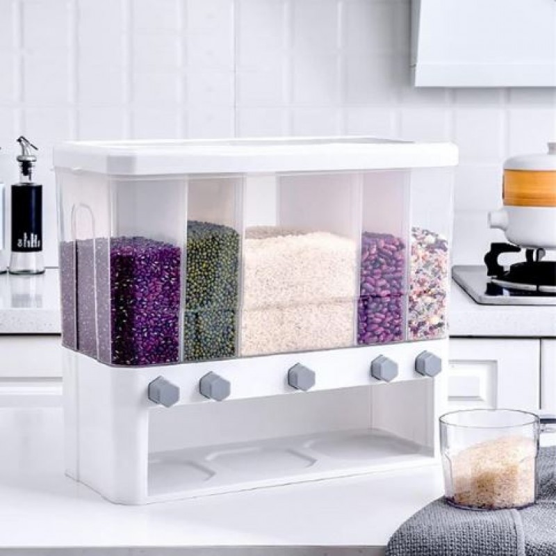 Kitchen Five Grid Rice Cereal Insect Wet Proof Dispenser Container With Measure Cup 15 Kg