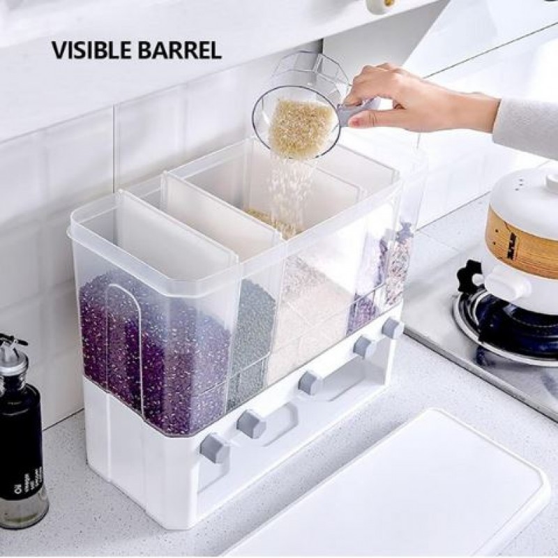Kitchen Five Grid Rice Cereal Insect Wet Proof Dispenser Container With Measure Cup 15 Kg