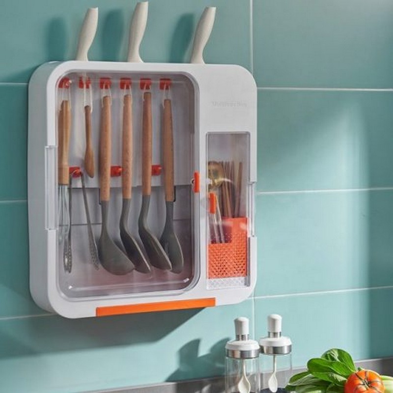Plastic Wall Mounted Cutlery Holder Kitchen Storage Spoons Cooking Utensils Storage Rack