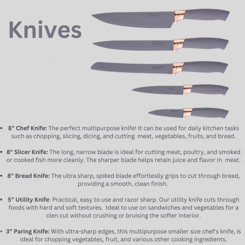 Cooking Utensils & Knife Set With Block, Holder & Cutting Board Premium Silicone Utensils Stainless Steel Coated Knives 19 Piece Set, Gray