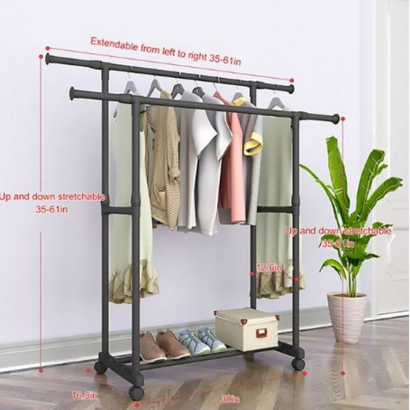 Portable Rolling Adjustable Garment Rack Standard Double Rod Metal Clothing Rack For Hanging Clothes Black