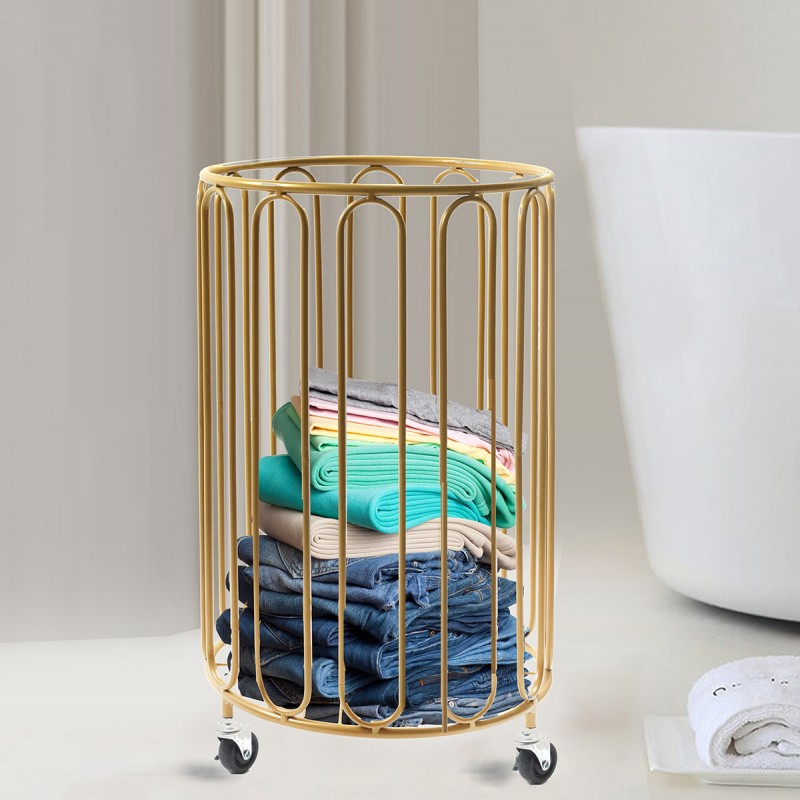 Modern Round Metal Laundry Basket With Wheels 54cm (Gold)