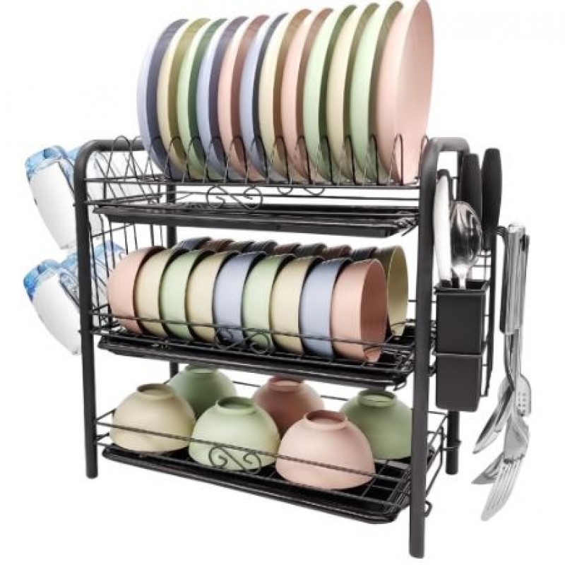 Three Layer Dish Drying Rack Dish Rack With Utensil Holder And Dish Drainer For Kitchen Counter (Black)