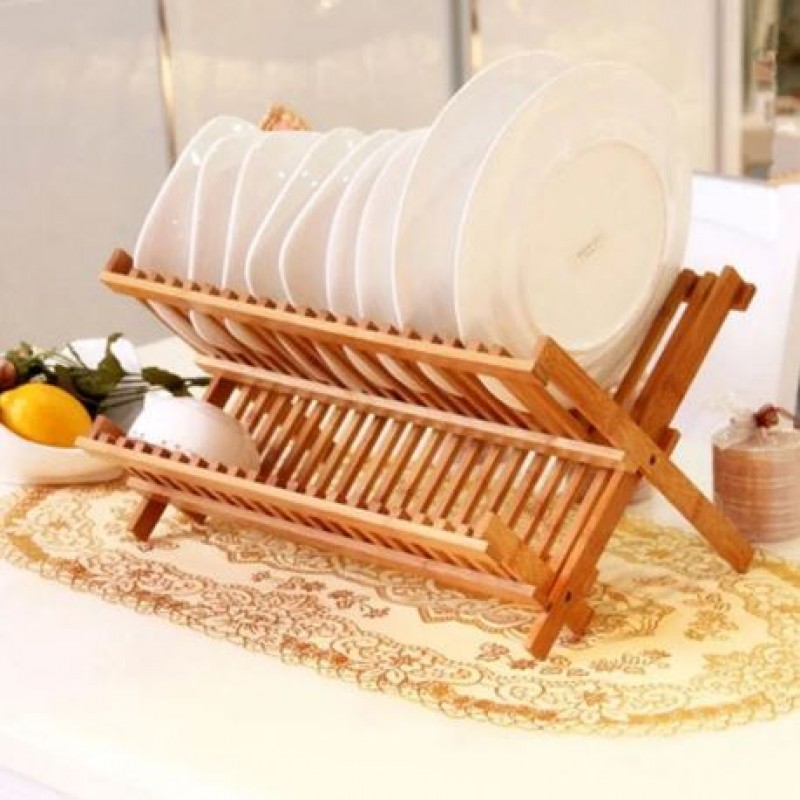 New Foldable Bamboo Dish Drying Rack Holder - Wooden Flatware Dish Rack