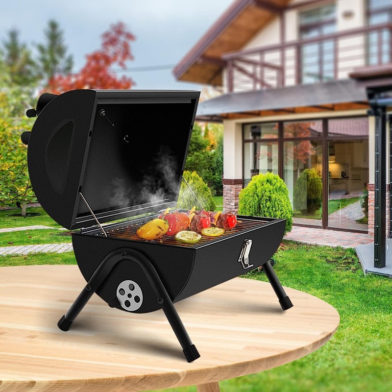 Smoker Charcoal Barbecue Grill, Durable Cylinder BBQ Grill Detachable With Wooden Handle For Patio (Black)