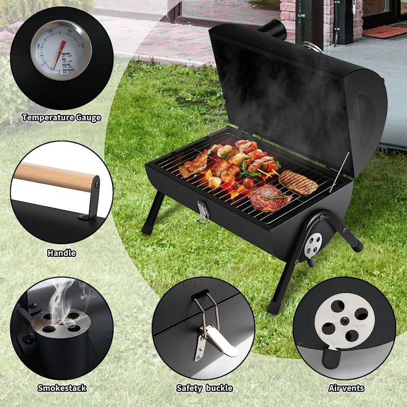 Smoker Charcoal Barbecue Grill, Durable Cylinder BBQ Grill Detachable With Wooden Handle For Patio (Black)