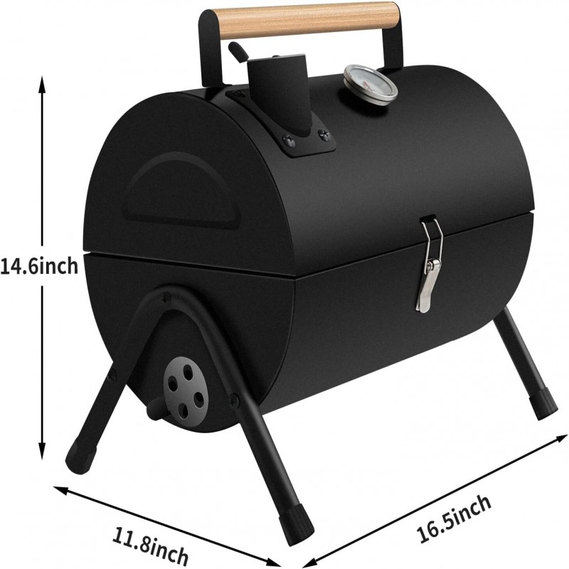 Smoker Charcoal Barbecue Grill, Durable Cylinder BBQ Grill Detachable With Wooden Handle For Patio (Black)