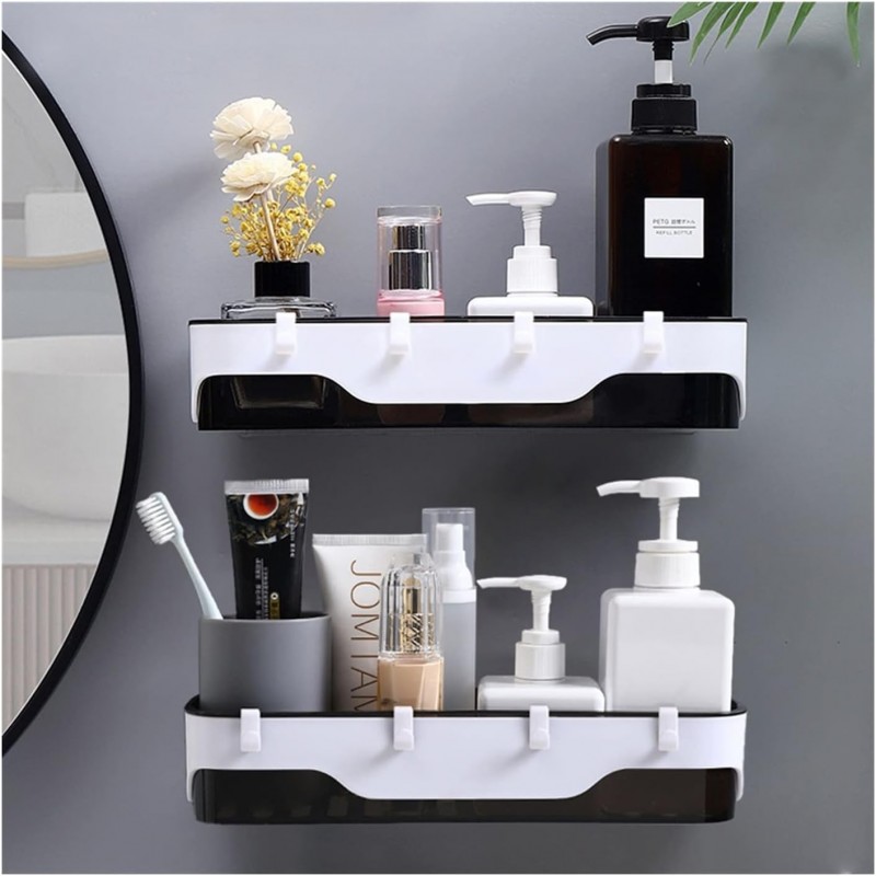 Wall-Mounted Storage Rack With Hooks Plastic Container Storage Shelf Kitchen/Bathroom