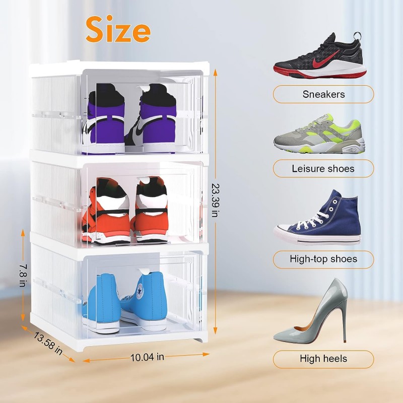3 Pack Installation-Free Stackable Shoe Boxes Large Capacity, Shoe Organizer With Doors
