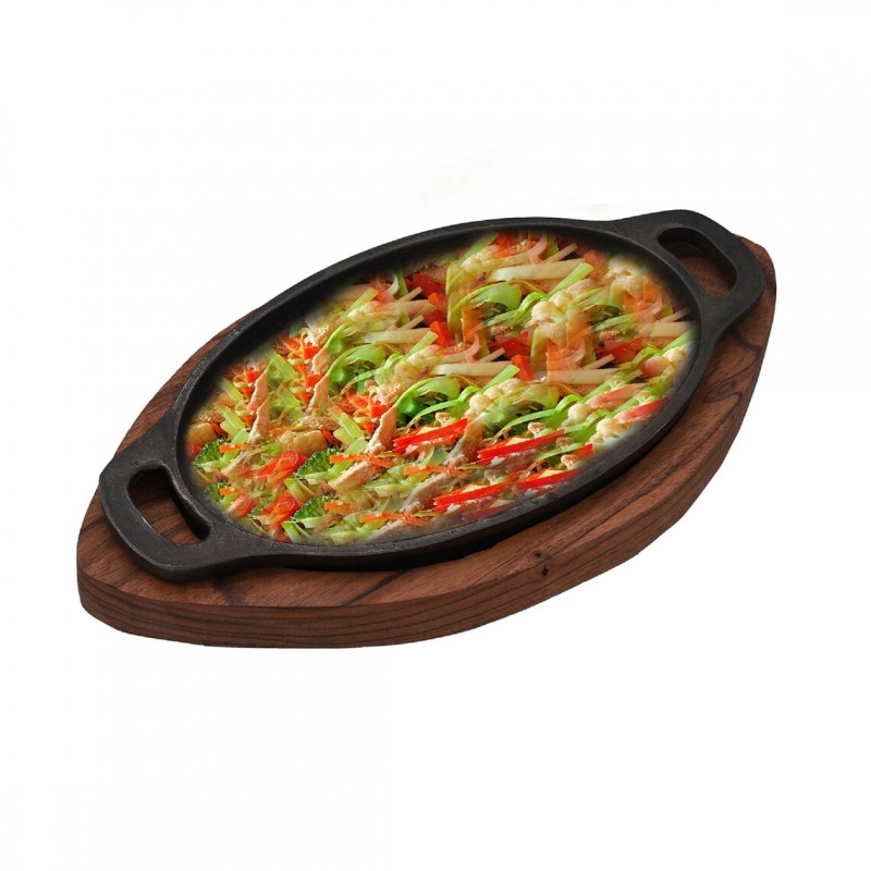 Sizzler Plate With 1 Inch Wooden Base Cast Iron Oval Shape 8.5 Inch Seasoned