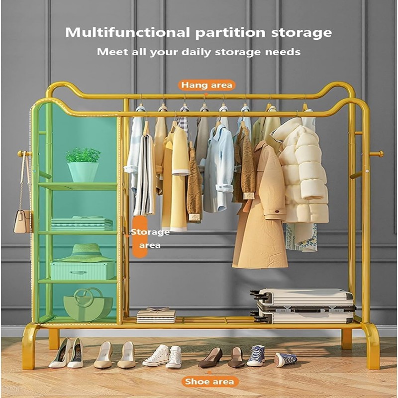 Double Pole Clothing Rack Freestanding Coat Hanger, Clothes Hanging Rails With Lower Storage Shelf (GoldenColor)