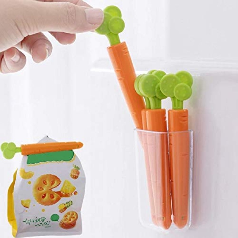 (Set Of 5) Carrot Shape Food Sealing Clip With Magnetic Holder