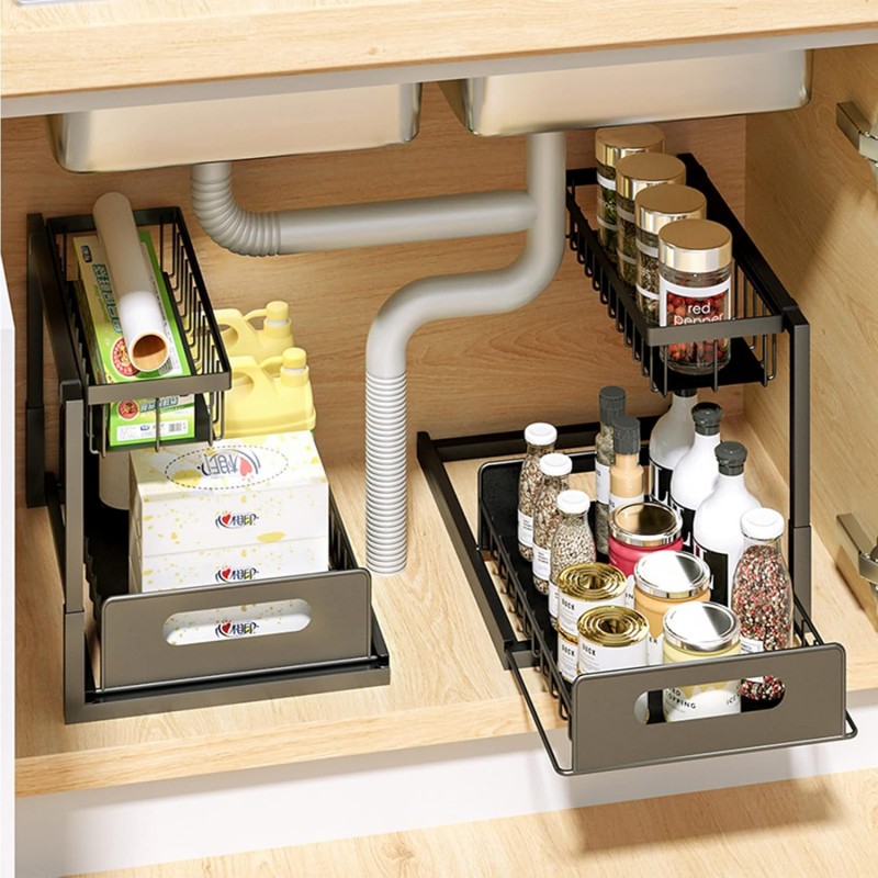 Sink Storage Racks, Removable Drawer Basket Organizers, Kitchen Bathroom Sliding Basket Storage/Black