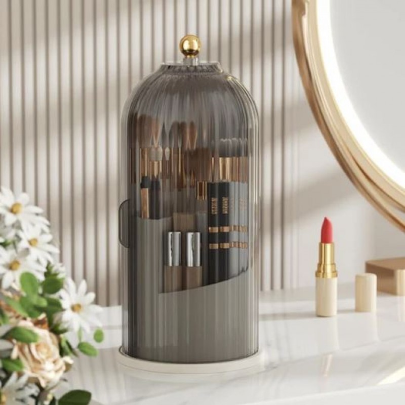 Makeup Brush Holder With Lid, 360° Rotating Desktop Bathroom Countertop Organizer (Gray)