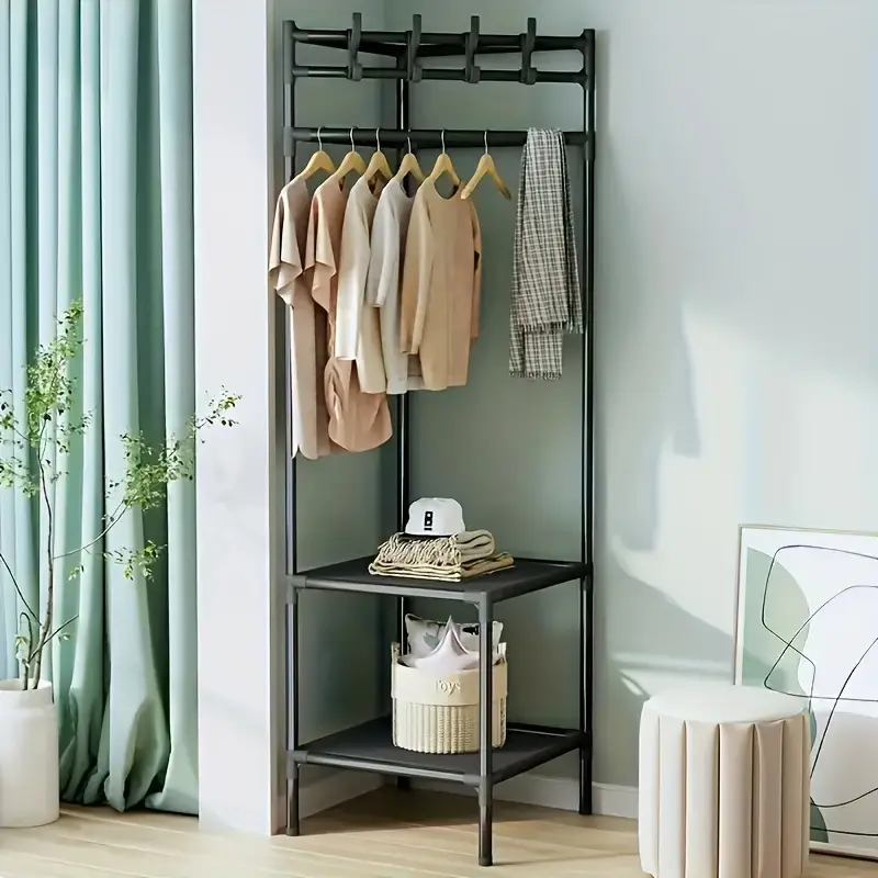 1pc Corner Coat Rack, Free Standing Coat Rack 3 Layers Storage Shelves And 4 Double Hooks