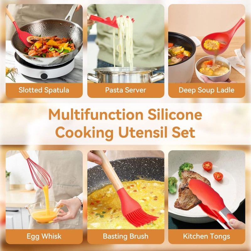 Silicone Kitchenware 12PcsSet With Wooden Handle In A Storage Bucket
