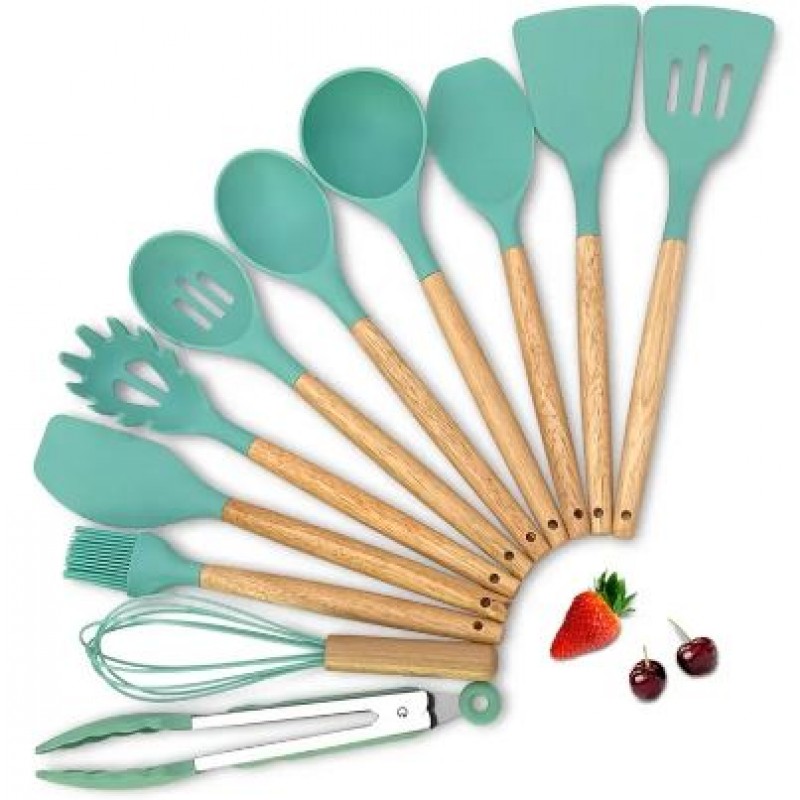 Silicone Kitchenware 12PcsSet With Wooden Handle In A Storage Bucket