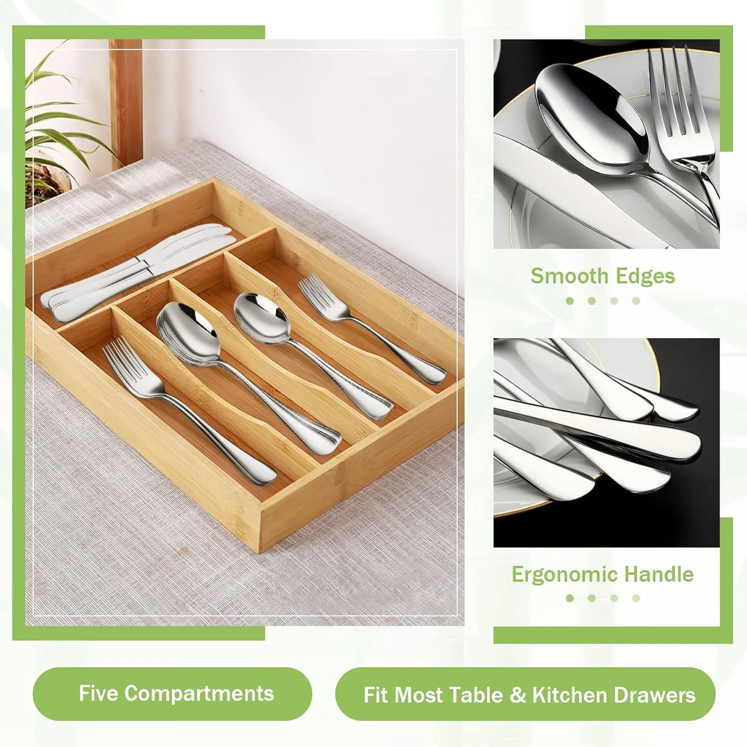 Five Compartment Bamboo Cutlery Tray