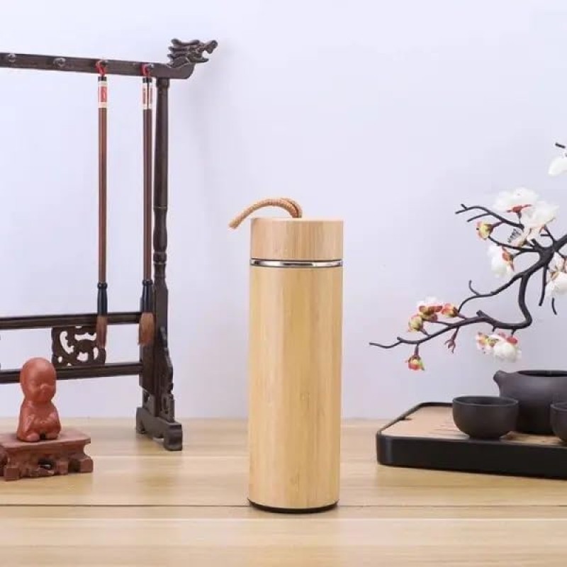Bamboo Stainless Steel Vacuum Insulated Water Bottle With Strainer 500ml With Portable Rope Lid