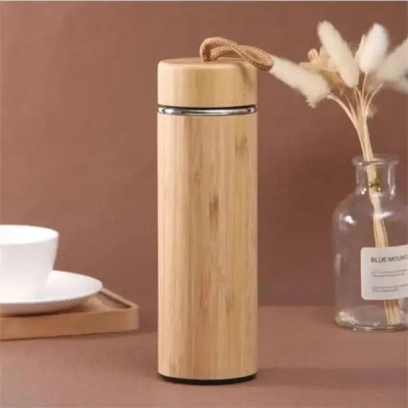 Bamboo Stainless Steel Vacuum Insulated Water Bottle With Strainer 500ml With Portable Rope Lid