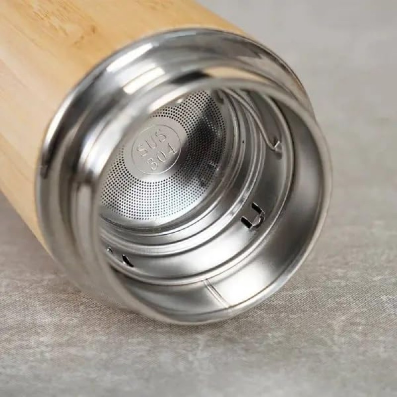 Bamboo Stainless Steel Vacuum Insulated Water Bottle With Strainer 500ml With Portable Rope Lid