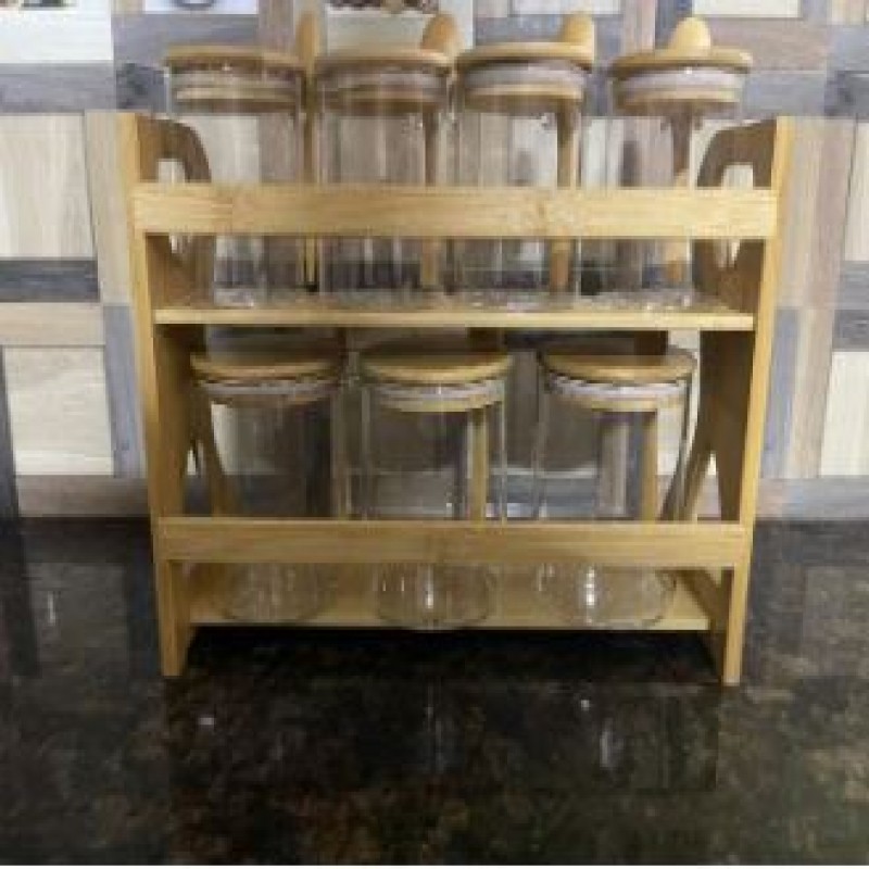 7 Pcs Multigrain Spices Storage Jar With Spoon Glass, Transparent, Round, Bamboo Lid And Bamboo Stand
