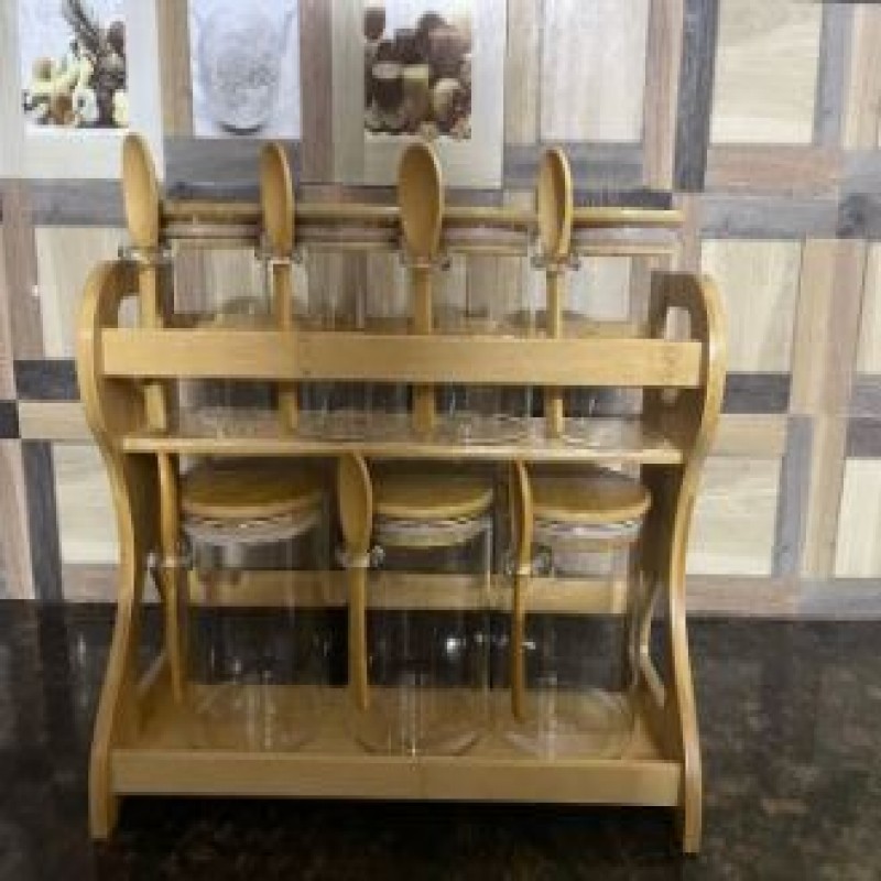 7 Pcs Multigrain Spices Storage Jar With Spoon Glass, Transparent, Round, Bamboo Lid And Bamboo Stand