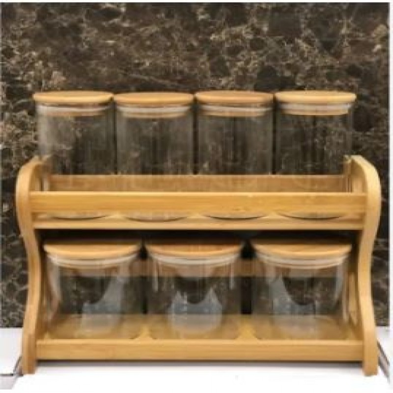 7 Pcs Multigrain Spices Storage Jar With Spoon Glass, Transparent, Round, Bamboo Lid And Bamboo Stand