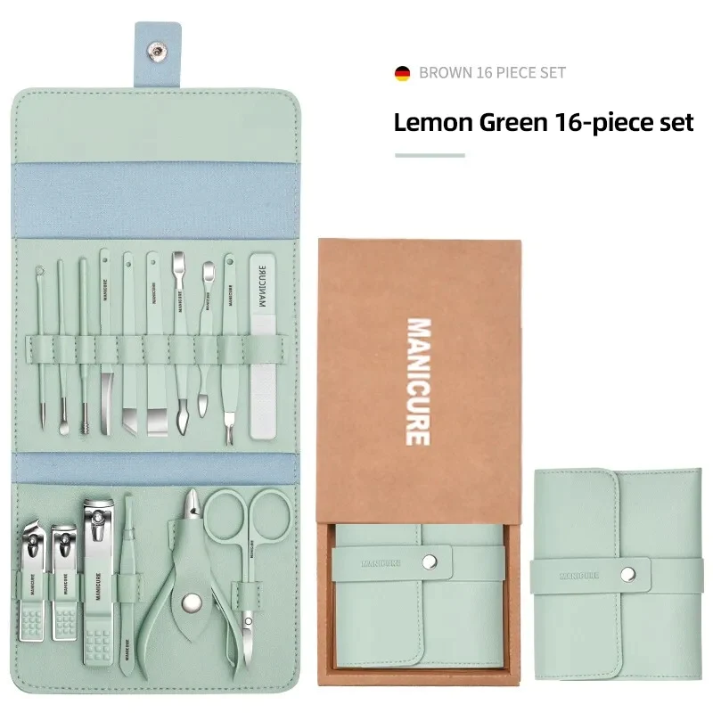 Professional Stainless Steel Nail Clipper Manicure Pedicure Set With Leather Case 16 PCS