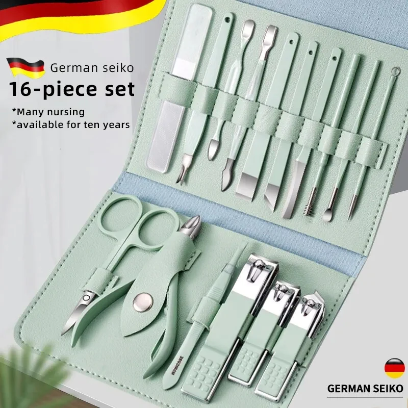Professional Stainless Steel Nail Clipper Manicure Pedicure Set With Leather Case 16 PCS