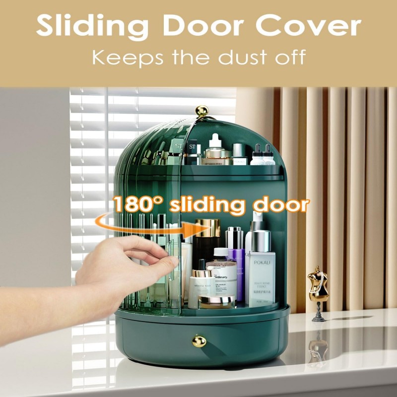 Rotating Makeup Storage With Cover And Drawer, Large Skincare Cosmetics Organizer (Green)